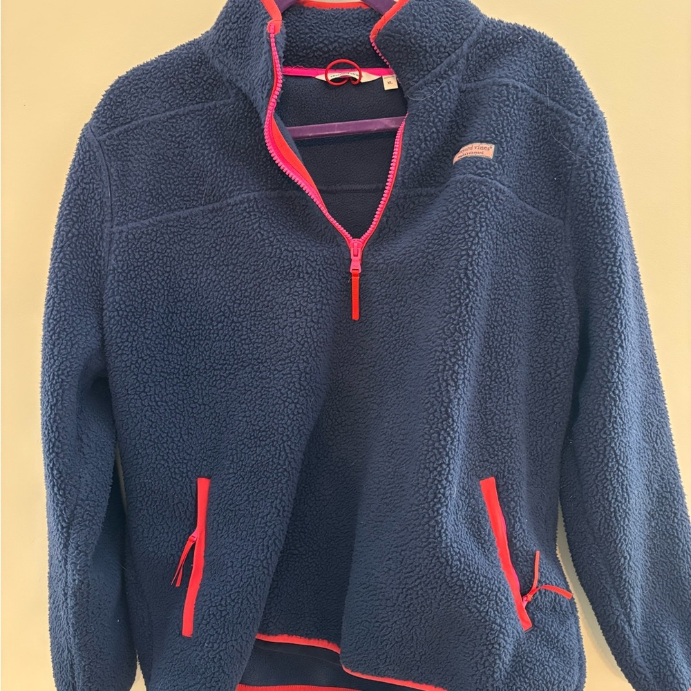 Vineyard Vines Navy Pullover with Bright Pink Details